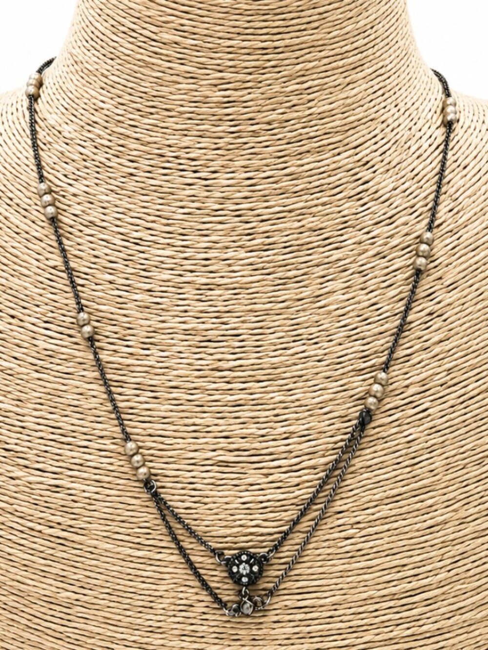 Vintage Style Silver Tone Necklace with Faux Pearls & Crystal Floral Accent